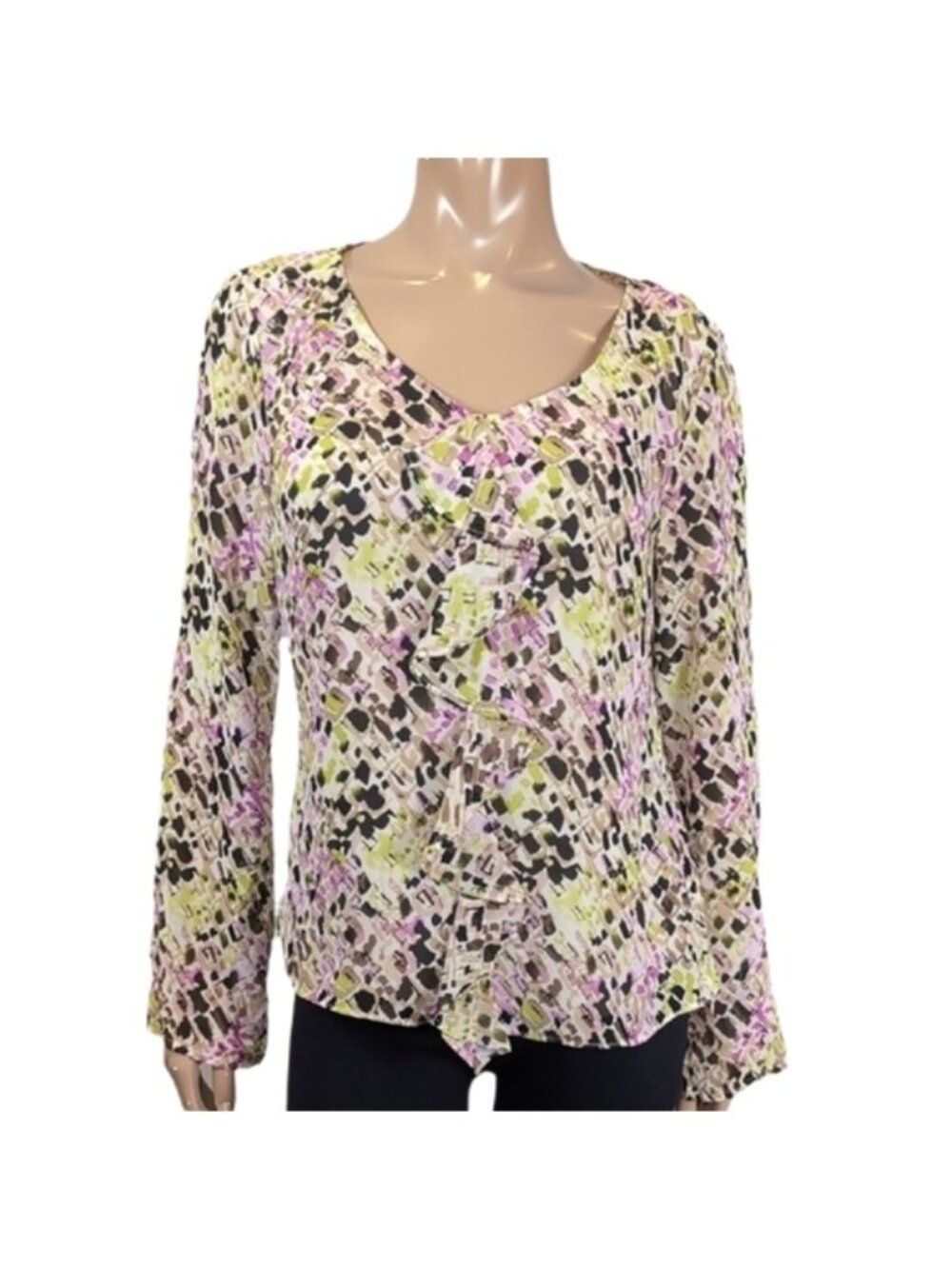 Liz Claiborne Spring Blouse Womens Size 10 Green Ruffled Long Sleeve Sheer Top